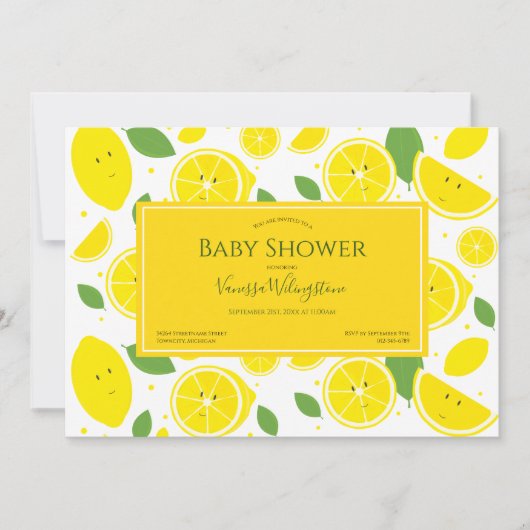 笑顔のレモン黄色の白い緑の赤ちゃんシャワー 招待状 (正面)