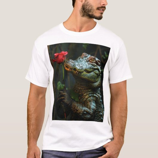 笑顔のワニ保持バラ漫画Tシャツ Tシャツ (正面)