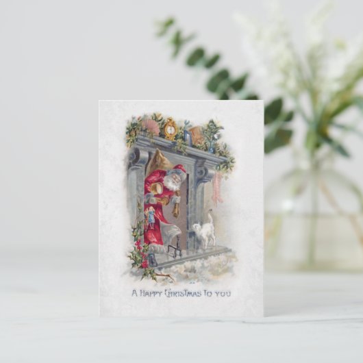 笑顔のヴィンテージサンタとプレゼント ポストカード (スタンド正面)