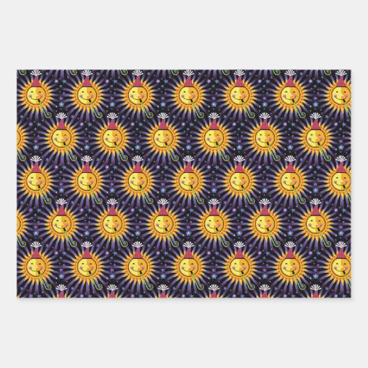 笑顔の太陽の星とパーティー帽子の誕生日ブロア ラッピングペーパーシート (正面)