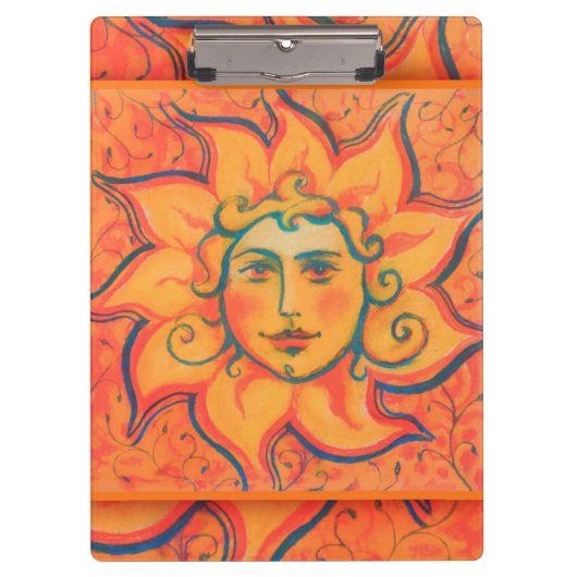 笑顔の太陽、おとぎ話ファンタジーアート、オレンジ色の黄色 クリップボード (正面)