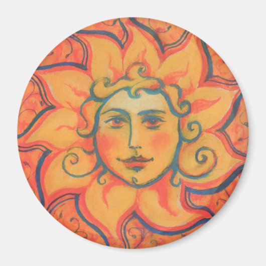 笑顔の太陽、おとぎ話ファンタジーアート、オレンジ色の黄色 マグネット (正面)
