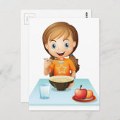 笑顔の女の子食べの朝食 ポストカード (正面/裏面)