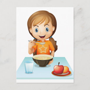 笑顔の女の子食べの朝食 ポストカード