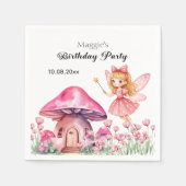 笑顔の妖精とピンクのキノコの誕生日パーティー スタンダードカクテルナプキン (正面)