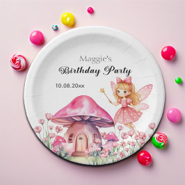 笑顔の妖精とピンクのキノコの誕生日パーティー ペーパープレート