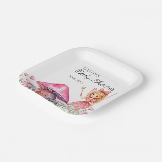 笑顔の妖精とピンクのキノコの赤ちゃんシャワー ペーパープレート (傾斜あり)