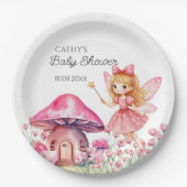 笑顔の妖精とピンクのキノコの赤ちゃんシャワー ペーパープレート (正面)