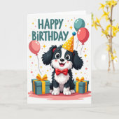 笑顔の子犬の誕生日カード カード (黄色い花)