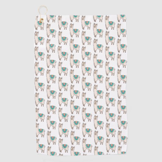 笑顔の幸せなラマ・アルパカ漫画の動物のスケッチ ゴルフタオル (正面)
