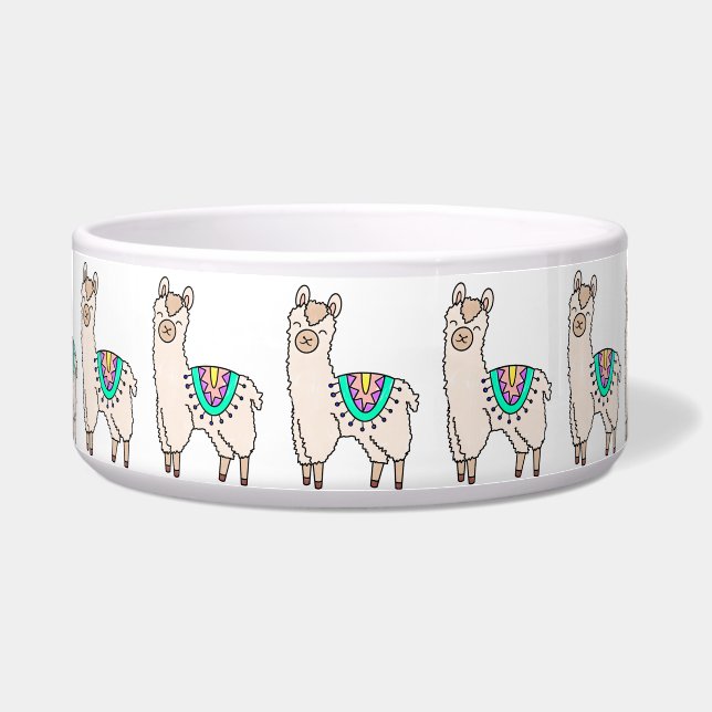 笑顔の幸せなラマ・アルパカ漫画の動物のスケッチ ボウル (正面)