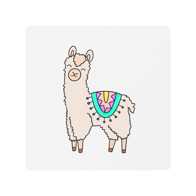 笑顔の幸せなラマ・アルパカ漫画の動物のスケッチ メタルプリント (正面)