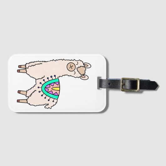 笑顔の幸せなラマ・アルパカ漫画の動物のスケッチ ラゲッジタグ (正面横)