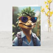 笑顔の恐竜ハイカーアウトドア |カード カード (黄色い花)