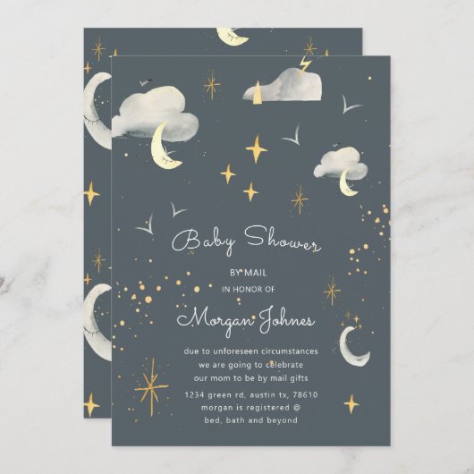 笑顔の月がメールの招待状でベビーシャワーを星にする (正面/裏面)