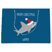 笑顔の漫画のサメのサンタハットアニマルクリスマス ラージペーパーバッグ (正面)