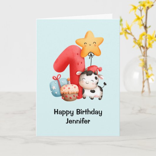 笑顔の牛かわいい愛らしい最初の誕生日カード カード (黄色い花)