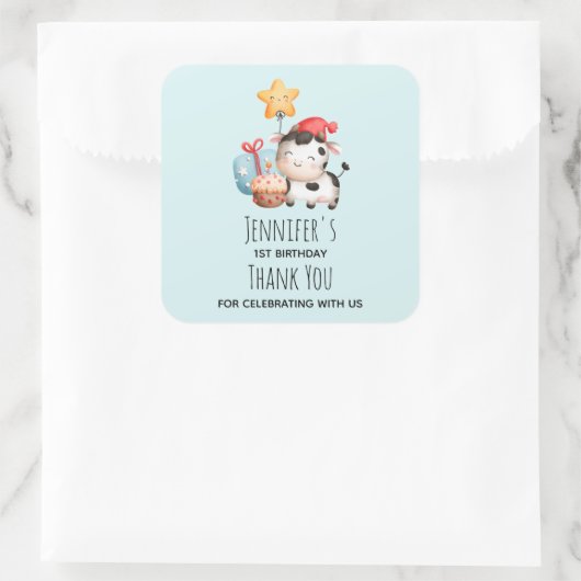 笑顔の牛かわいい愛らしい誕生日ありがとう スクエアシール (バッグ)