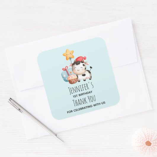 笑顔の牛かわいい愛らしい誕生日ありがとう スクエアシール (封筒)