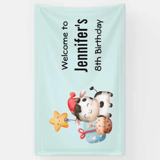 笑顔の牛かわいい愛らしい誕生日へようこそ 横断幕 (縦)