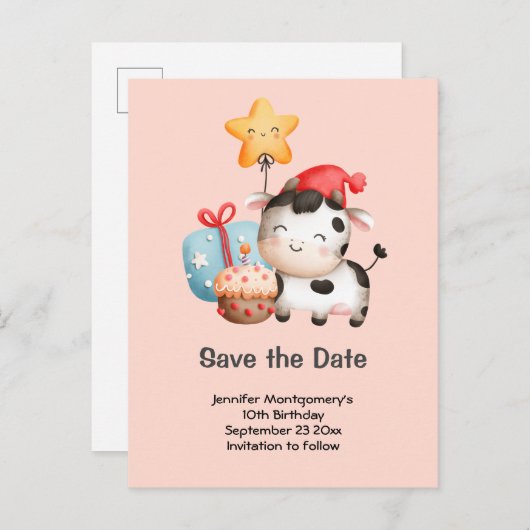笑顔の牛かわいい愛らしい誕生日デートを保存 インビテーションポストカード (正面/裏面)