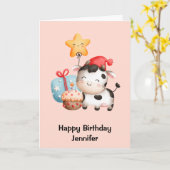 笑顔の牛かわいい愛らしい誕生日 カード (黄色い花)