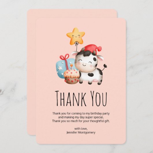 笑顔の牛かわいい愛らしい誕生日 サンキューカード (正面/裏面)