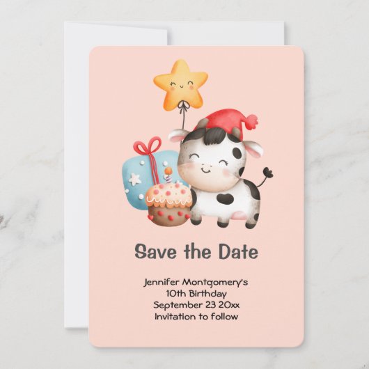 笑顔の牛かわいい愛らしい誕生日 セーブザデート (正面)