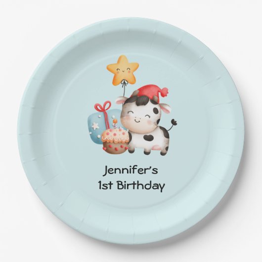 笑顔の牛かわいい愛らしい誕生日 ペーパープレート (正面)