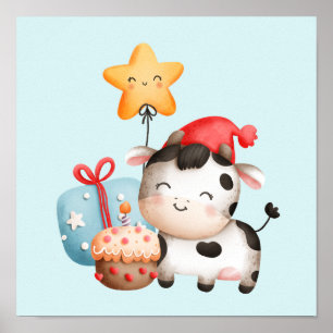 笑顔の牛かわいい愛らしい誕生日 ポスター