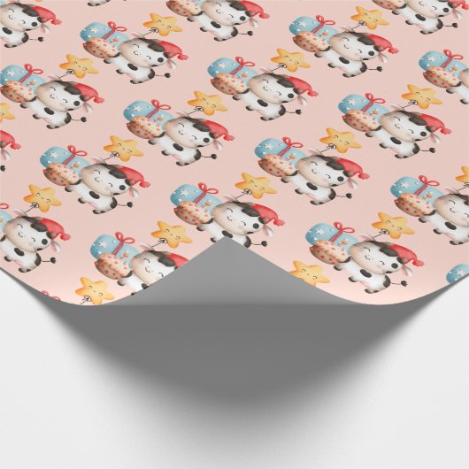 笑顔の牛かわいい愛らしい誕生日 ラッピングペーパー (角)