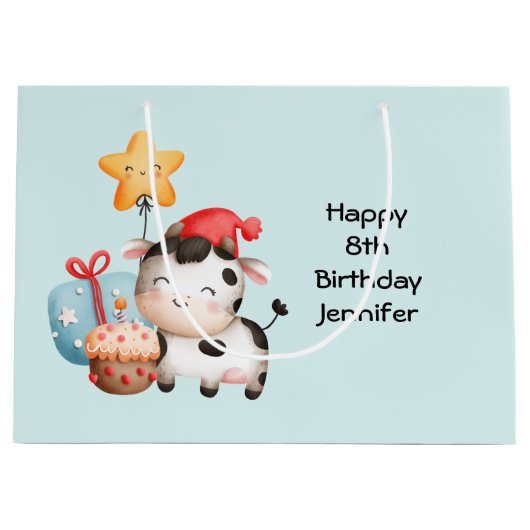 笑顔の牛かわいい愛らしい誕生日 ラージペーパーバッグ (正面)