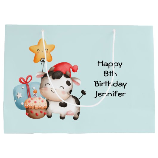 笑顔の牛かわいい愛らしい誕生日 ラージペーパーバッグ (裏面)