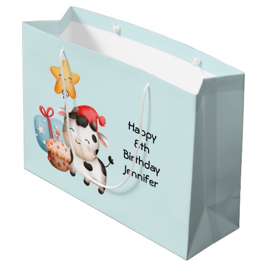 笑顔の牛かわいい愛らしい誕生日 ラージペーパーバッグ (裏面アングル)