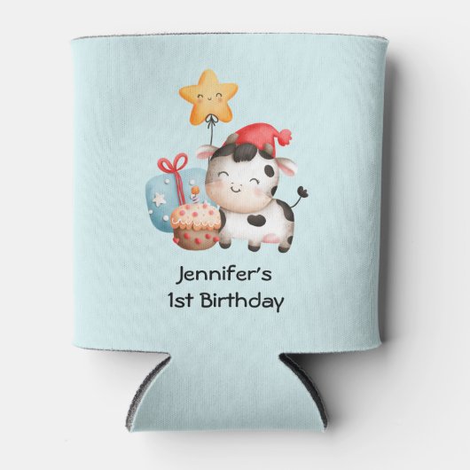 笑顔の牛かわいい愛らしい誕生日 缶クーラー (正面)