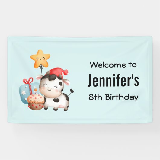 笑顔の牛がかわいい誕生日歓迎 横断幕 (横)