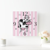 笑顔の牛ガーリーアニマルプリント スクエア壁時計 (ホーム)