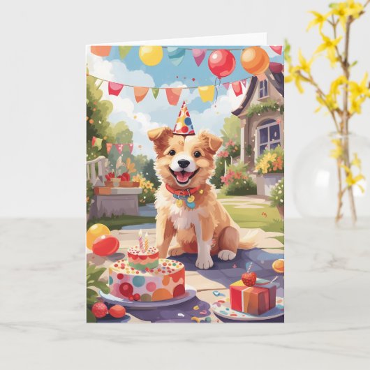 笑顔の犬のアウトドア祝 |カード カード (黄色い花)