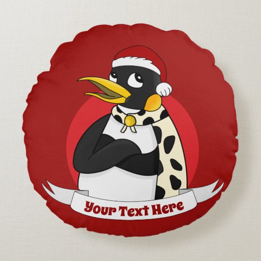 笑顔の皇帝ペンギンのクリスマス漫画ラウンドパイ ラウンドクッション (正面)