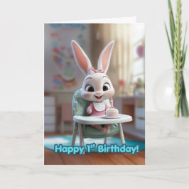 笑顔の赤ちゃんウサギのハイチェアと1歳の誕生日ケーキ カード