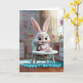 笑顔の赤ちゃんウサギのハイチェアと1歳の誕生日ケーキ カード (黄色い花)