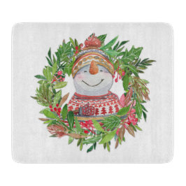 笑顔の雪だるまクリスマスリース カッティングボード