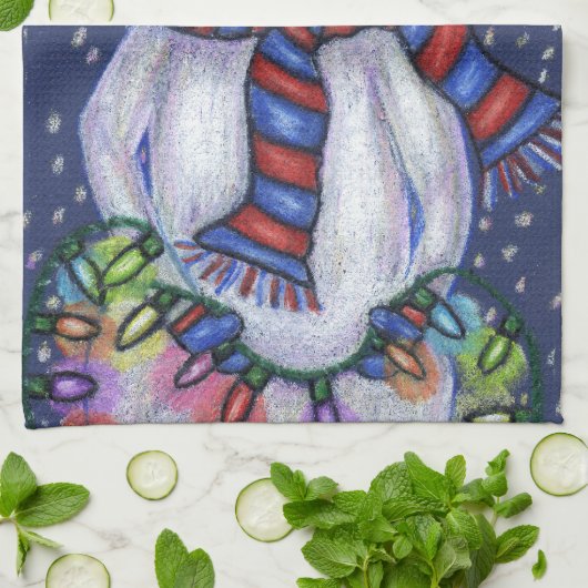 笑顔の雪だるまハットスカーフ雪のクリスマスライト キッチンタオル (折り畳み)