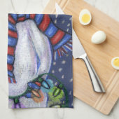 笑顔の雪だるまハットスカーフ雪のクリスマスライト キッチンタオル (四つ折り)