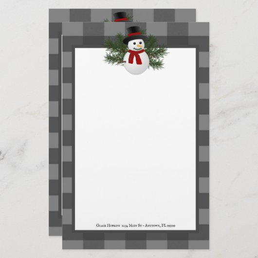 笑顔の雪だるまバッファロープレイドパーソナライズされた 便箋 (正面/裏面)