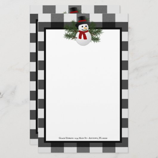笑顔の雪だるまバッファロープレイドパーソナライズされた 便箋 (正面/裏面)