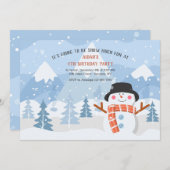 笑顔の雪だるま誕生日パーティーへの招待 招待状 (正面/裏面)