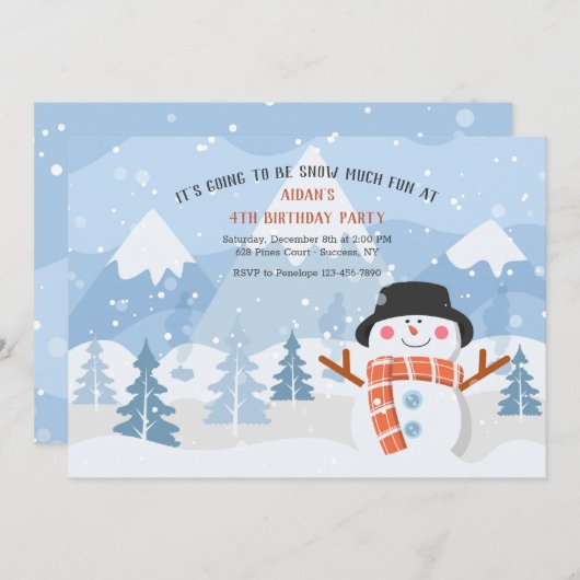 笑顔の雪だるま誕生日パーティーへの招待 招待状 (正面/裏面)