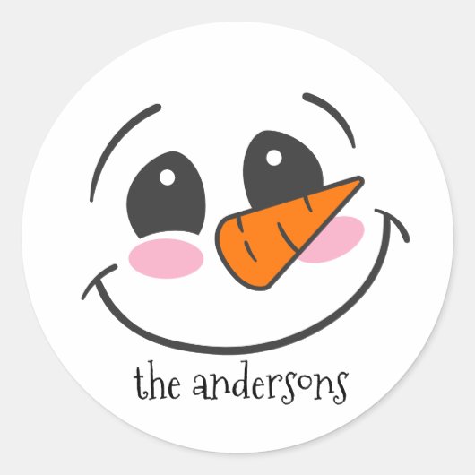 笑顔の雪だるま顔パーソナライズされたファミリー名 ラウンドシール (正面)