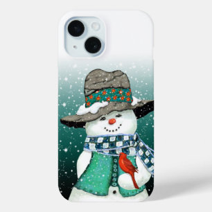 笑顔の雪だるま、吹雪の中の（鳥）ショウジョウコウカンチョウ iPhone 15ケース